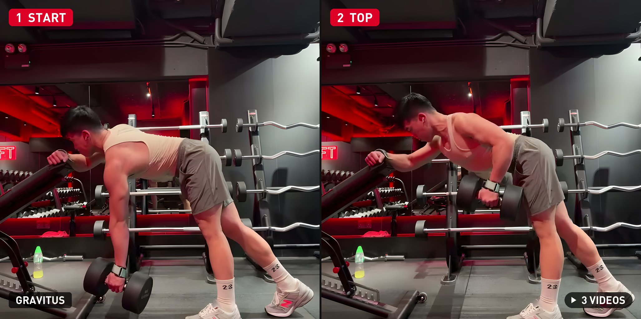 One-Arm Dumbbell Row start and top positions