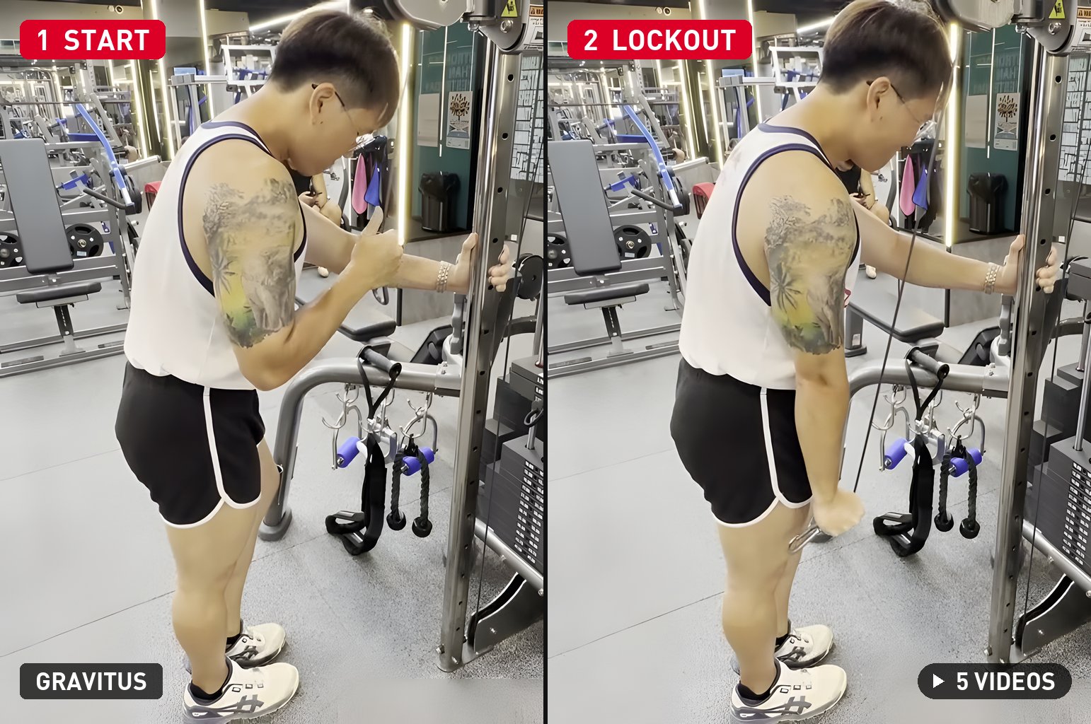 Single Arm Cable Tricep Extension start and lockout positions