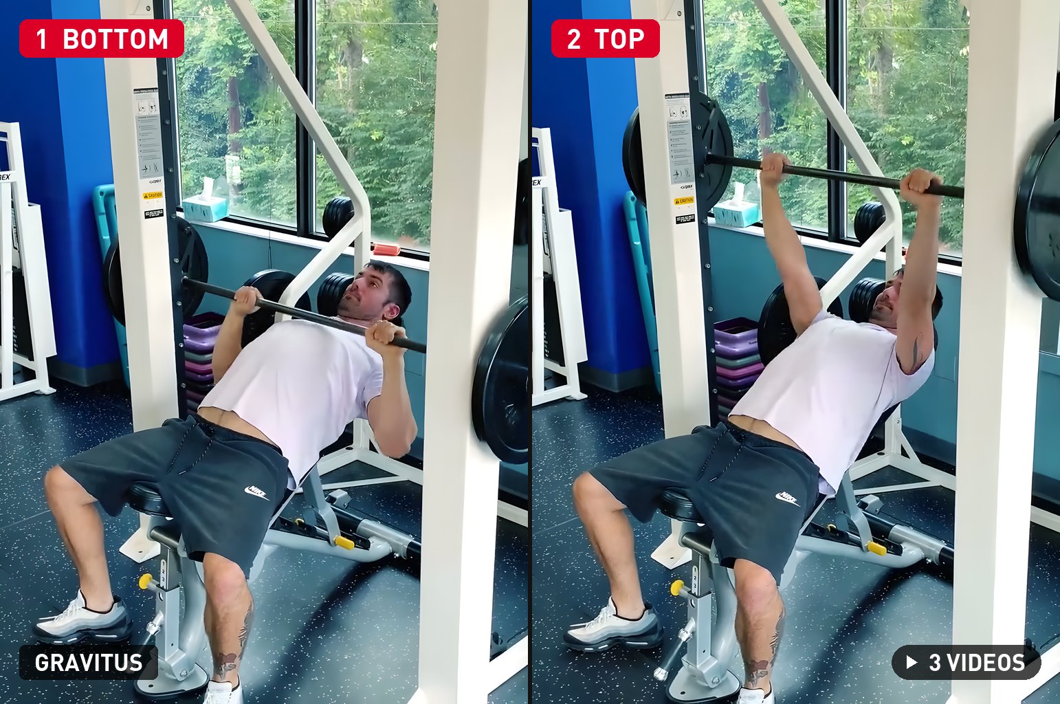 Smith Machine Incline Bench Press bottom and top positions