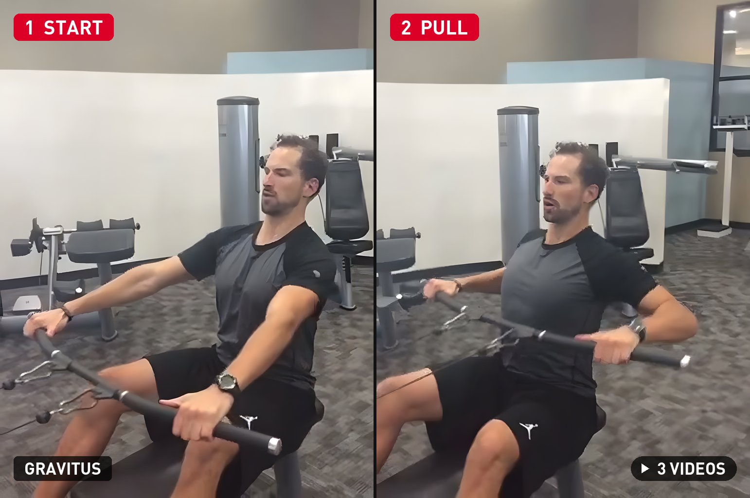 Wide-Grip Seated Row start and pull positions